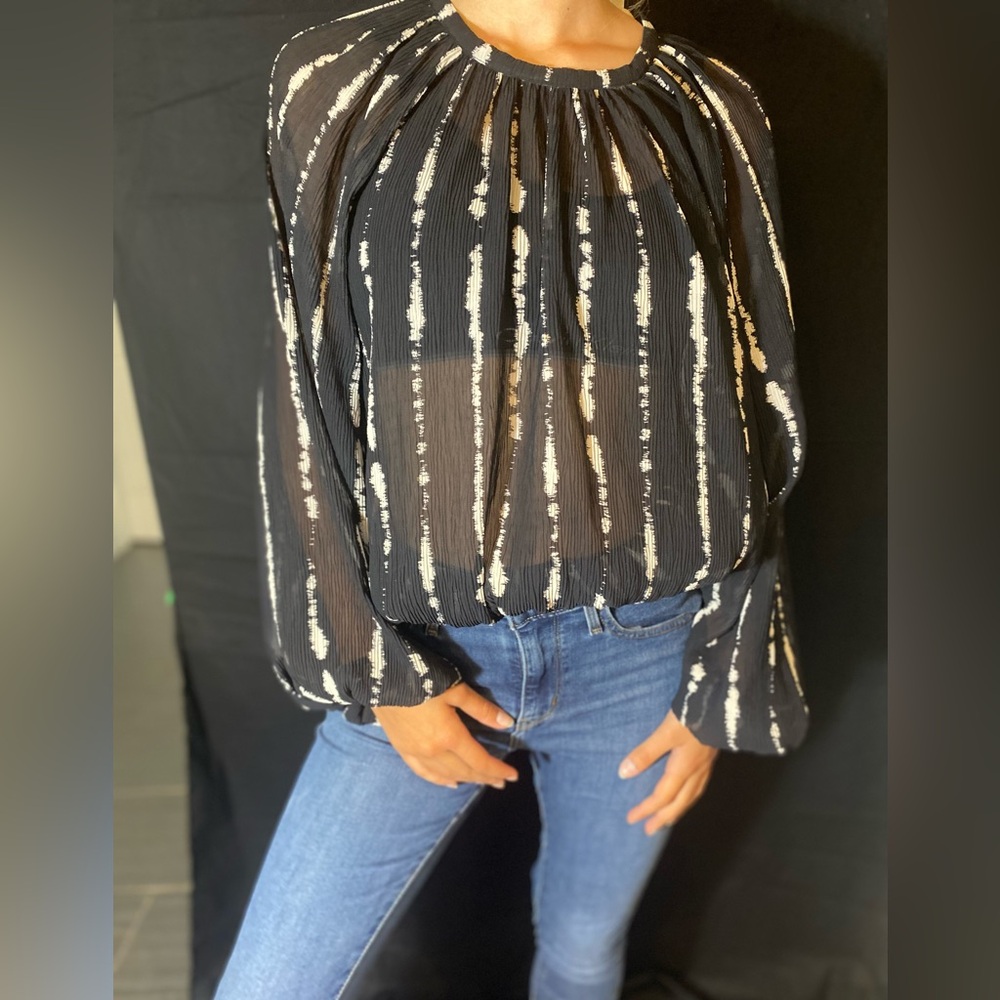 H&M top, balloon sleeve sheer black and white blouse size 6